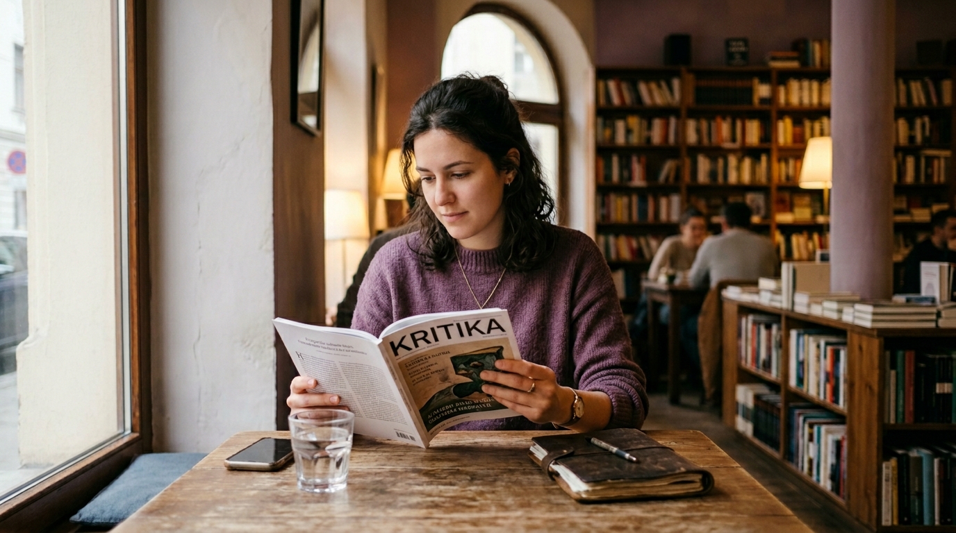 Egy magyar olvasó egy budapesti könyvesbolti kávézó csendes asztalánál ül